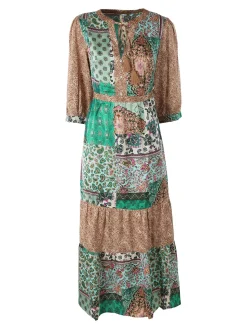 Solada Abito lungo da donna con stampe colorate e maniche a 3/4 - verde