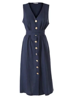 Solada Abito smanicato da donna a camicia in misto lino - blu scuro