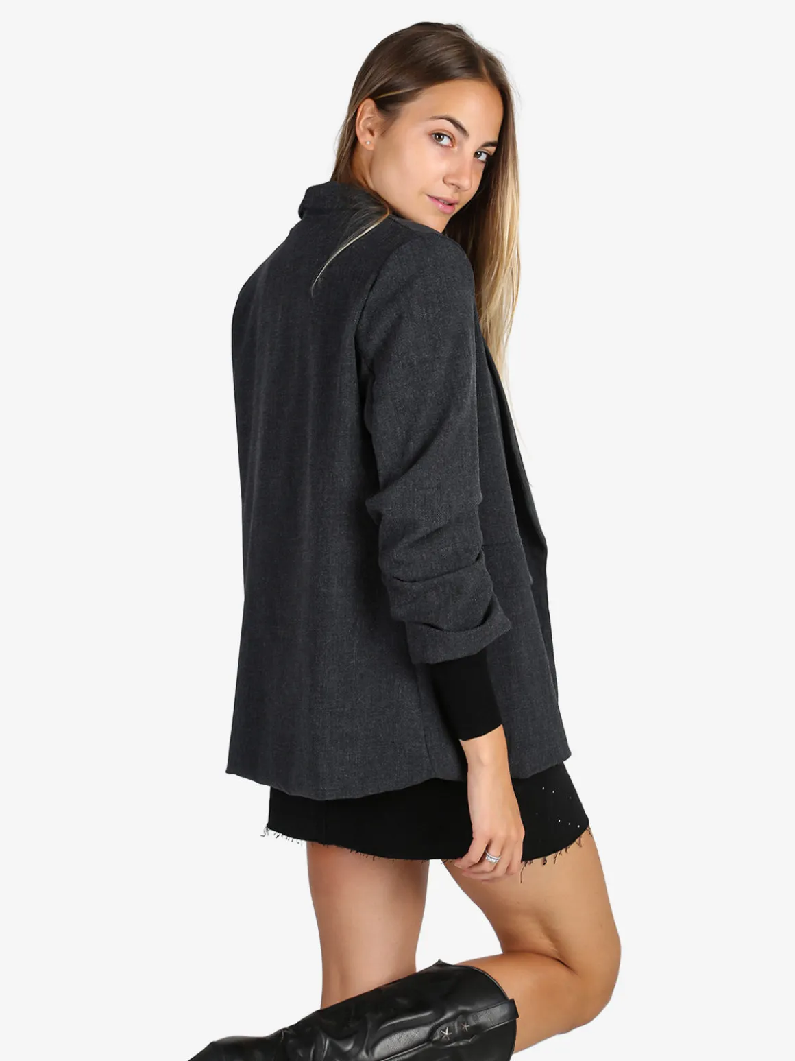 Solada Blazer donna aperto con maniche arricciate - grigio scuro