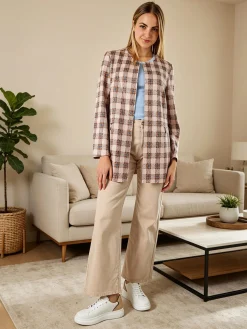 Solada Blazer donna aperto in tessuto scamosciato con stampe a quadri - cammello