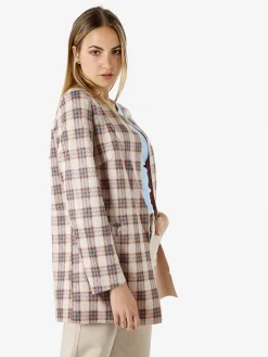 Solada Blazer donna aperto in tessuto scamosciato con stampe a quadri - cammello