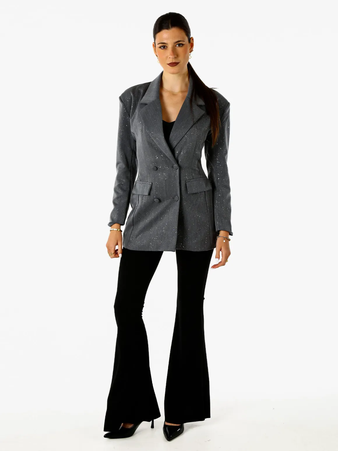 Solada Blazer donna elegante con brillantini e chiusura a doppiopetto - grigio