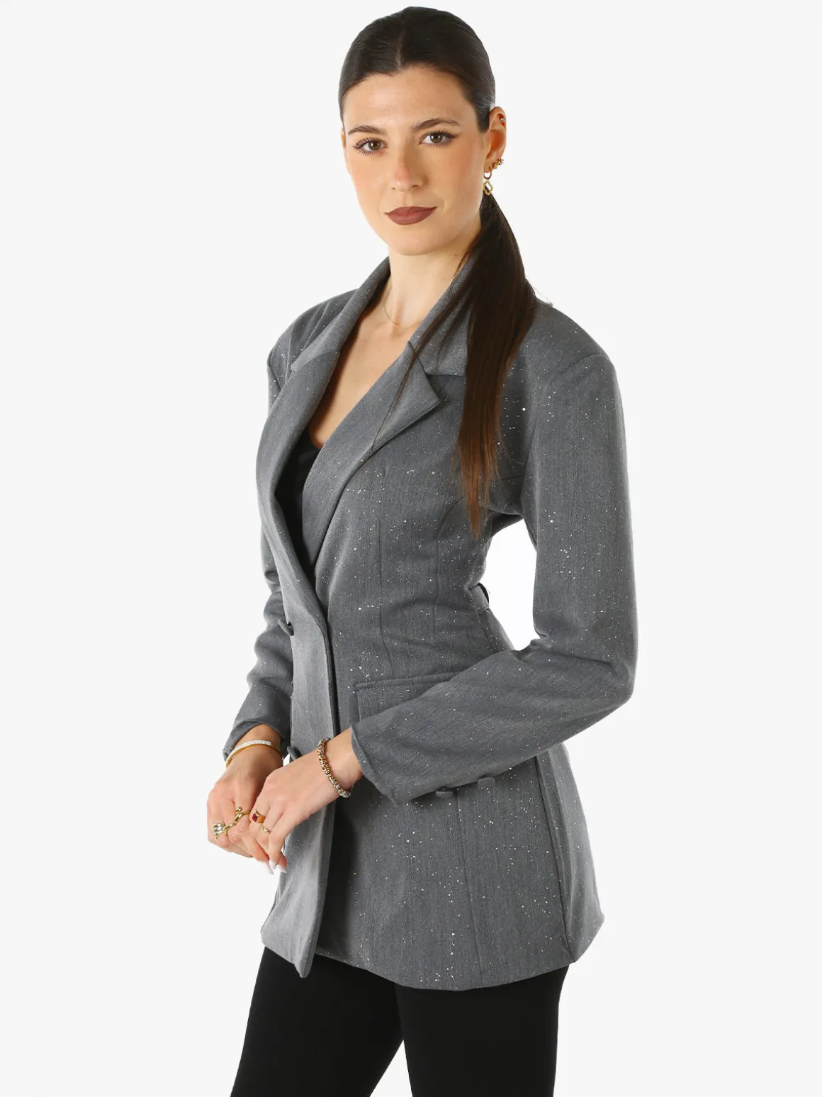Solada Blazer donna elegante con brillantini e chiusura a doppiopetto - grigio