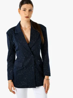 Solada Blazer donna elegante con brillantini e chiusura a doppiopetto - blu scuro