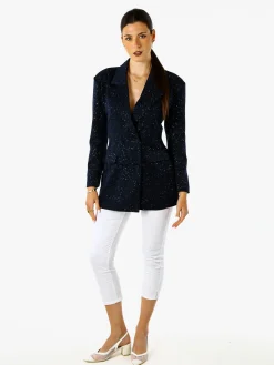 Solada Blazer donna elegante con brillantini e chiusura a doppiopetto - blu scuro