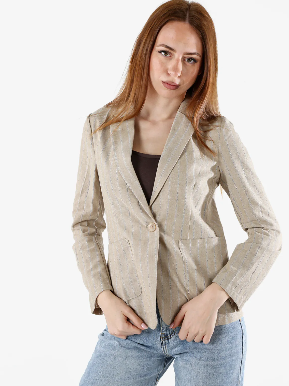 Solada Blazer donna in misto lino e cotone con stampa a righe - beige