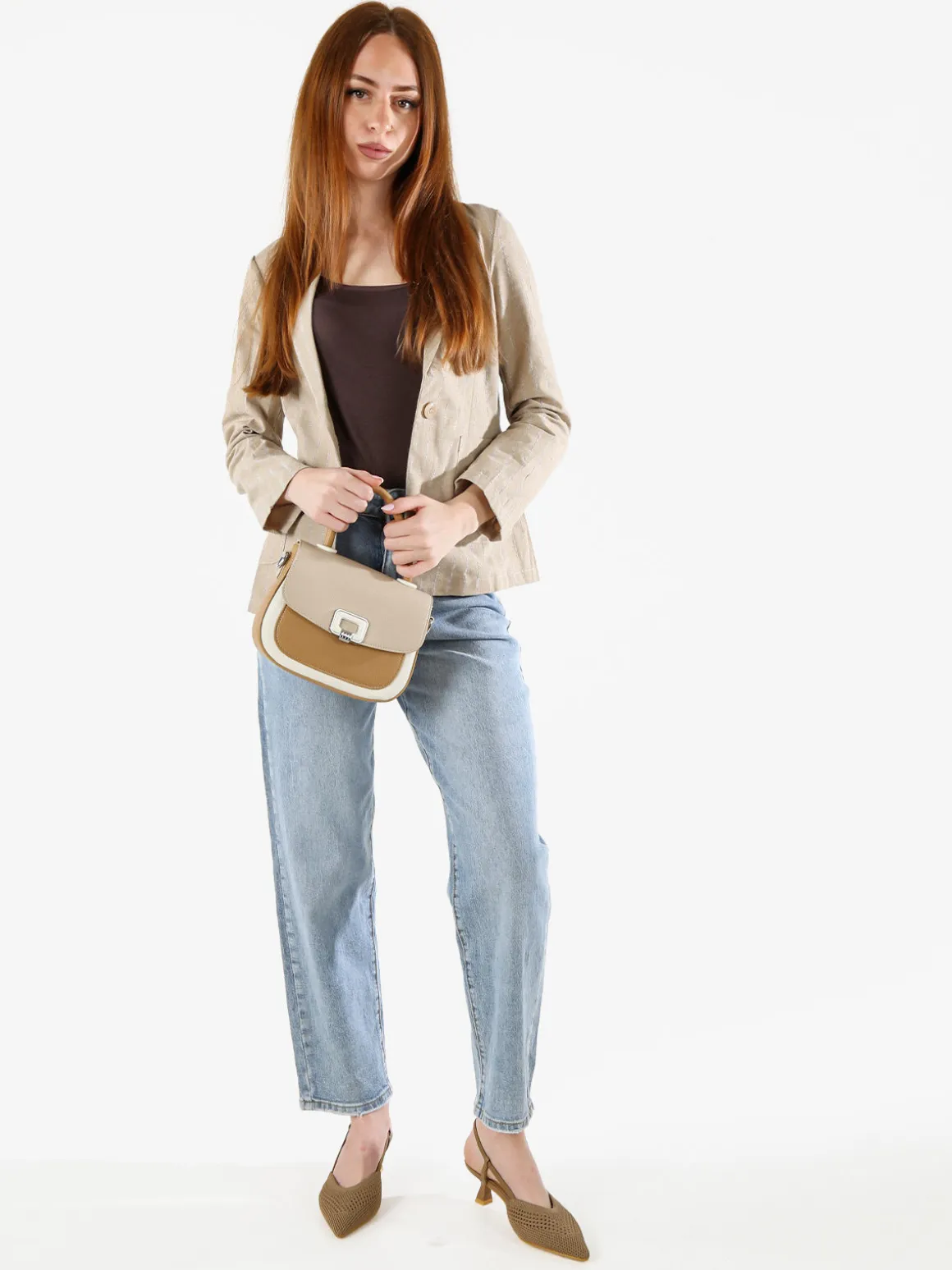 Solada Blazer donna in misto lino e cotone con stampa a righe - beige