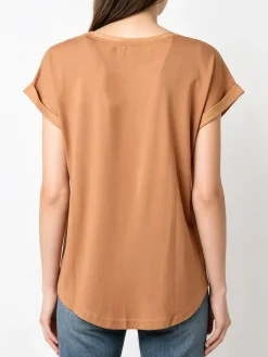 Solada Blusa da donna a maniche corte con parte davanti effetto raso - cammello