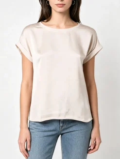 Solada Blusa da donna a maniche corte con parte davanti effetto raso - beige