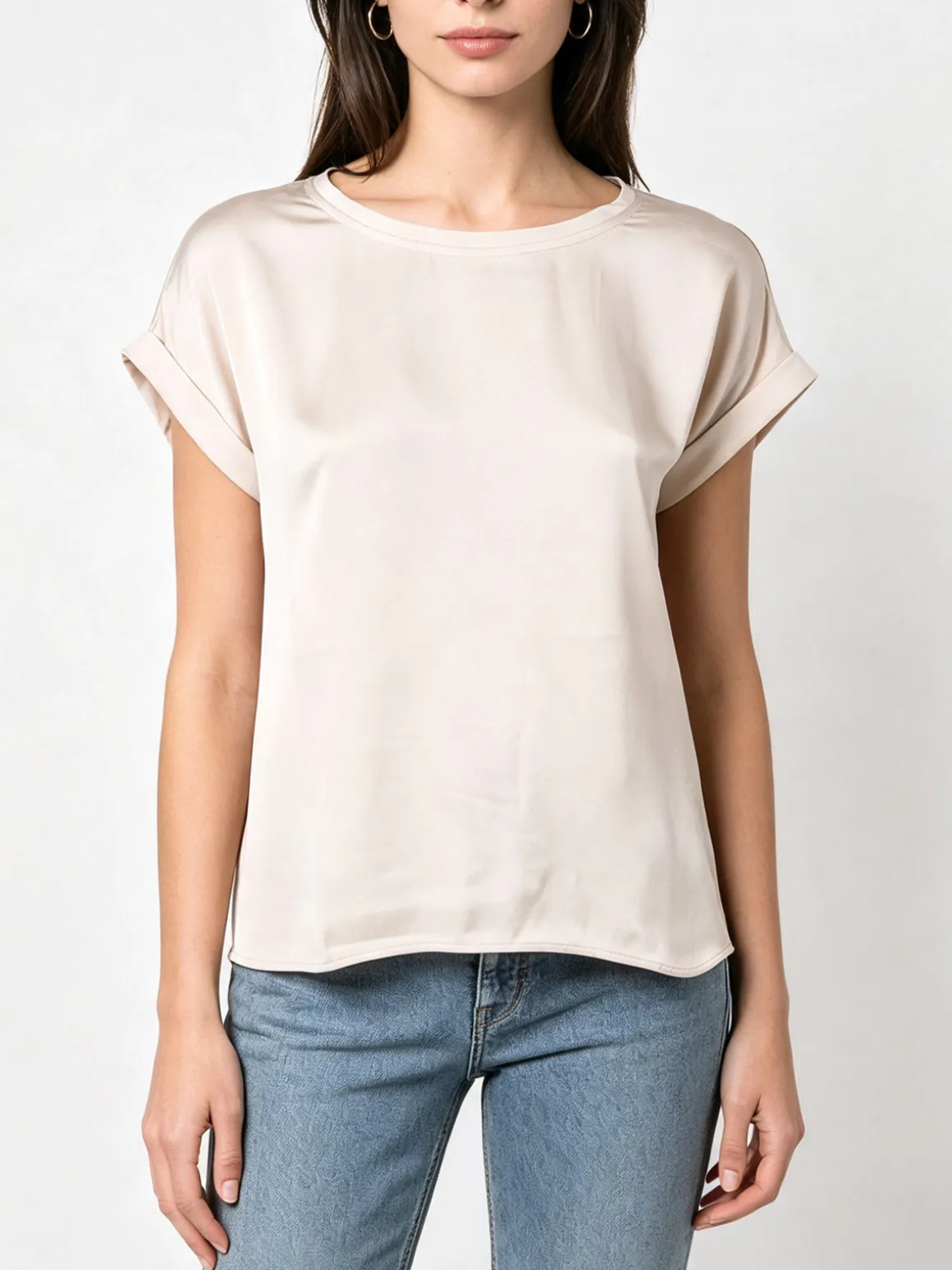 Solada Blusa da donna a maniche corte con parte davanti effetto raso - beige
