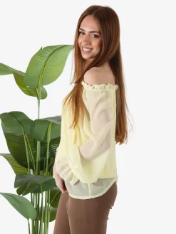 Solada Blusa da donna a maniche lunghe velate con scollo a barchetta - giallo