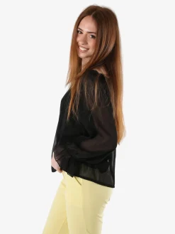 Solada Blusa da donna a maniche lunghe velate con scollo a barchetta - nero
