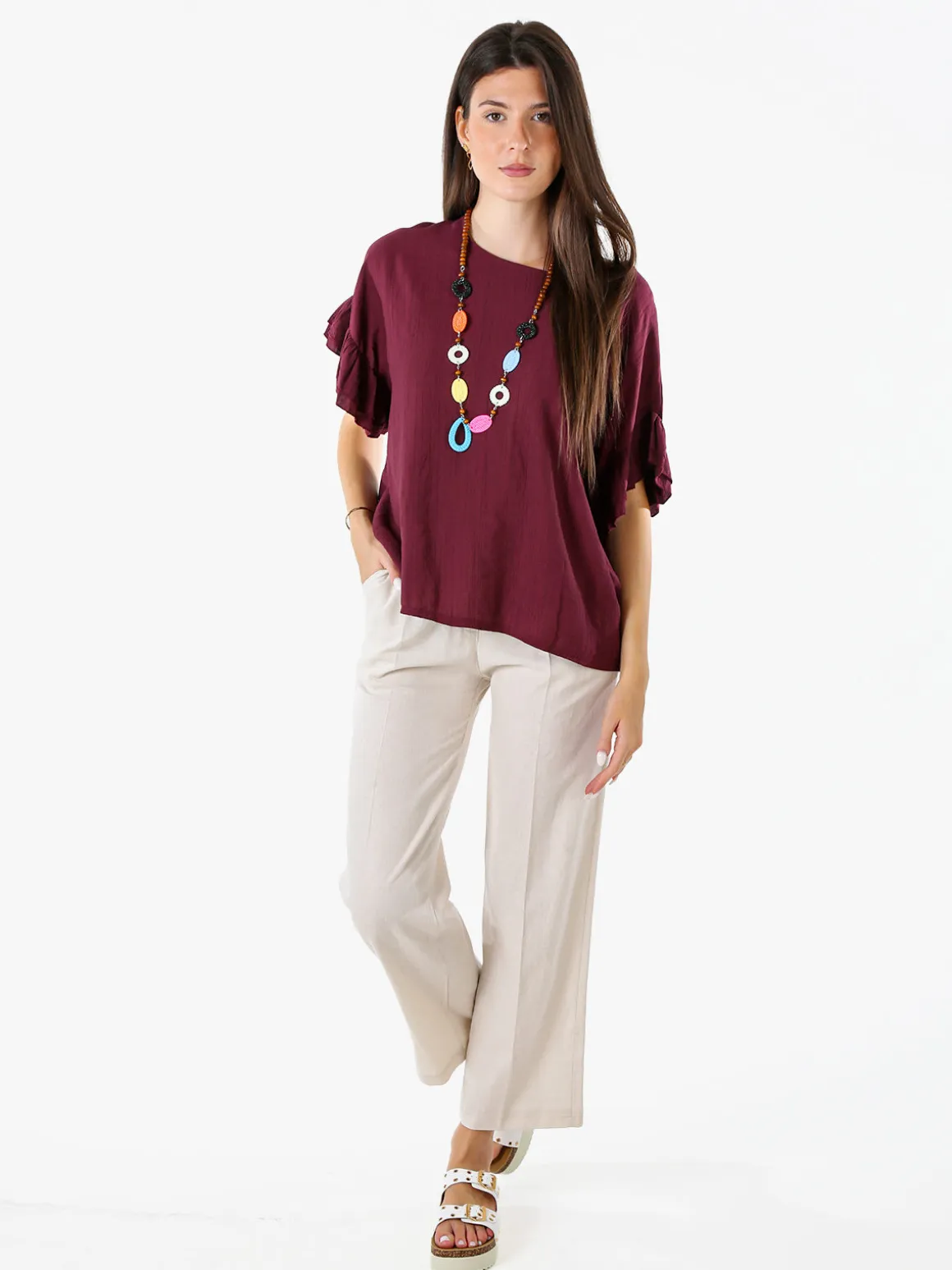 Solada Blusa da donna con maniche corte a volant - porpora