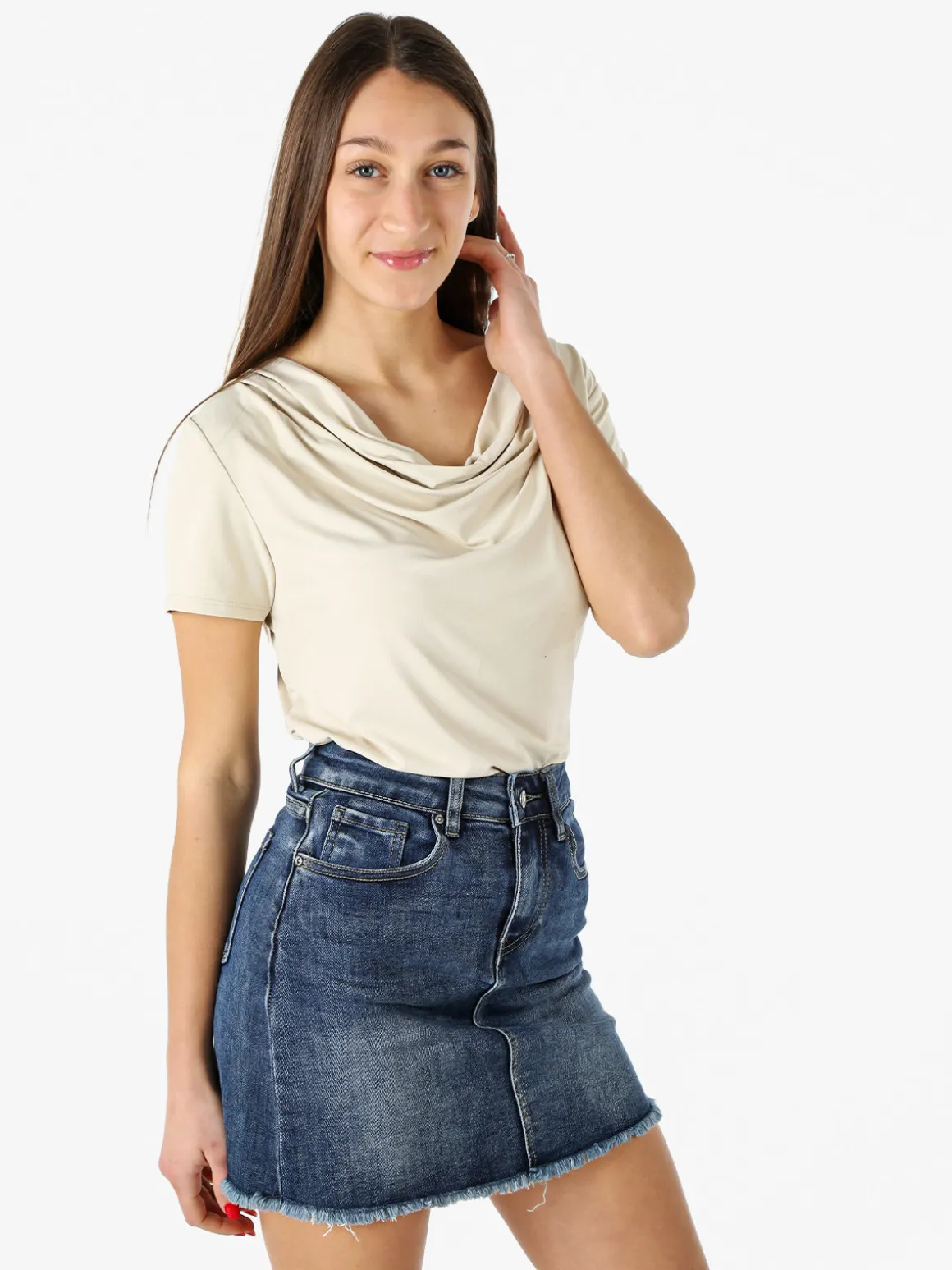 Solada Blusa donna a maniche corte con scollo a cascata - beige
