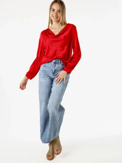 Solada Blusa donna a maniche lunghe in tessuto simil raso con scollo a cascata - nero