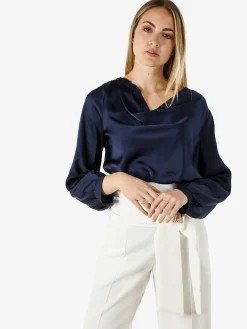 Solada Blusa donna a maniche lunghe in tessuto simil raso con scollo a cascata - blu scuro