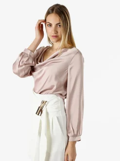Solada Blusa donna a maniche lunghe in tessuto simil raso con scollo a cascata - beige