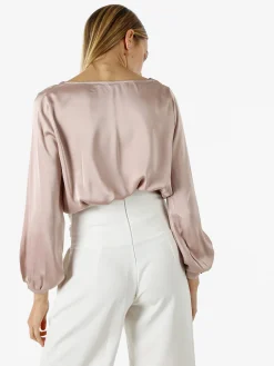 Solada Blusa donna a maniche lunghe in tessuto simil raso con scollo a cascata - beige