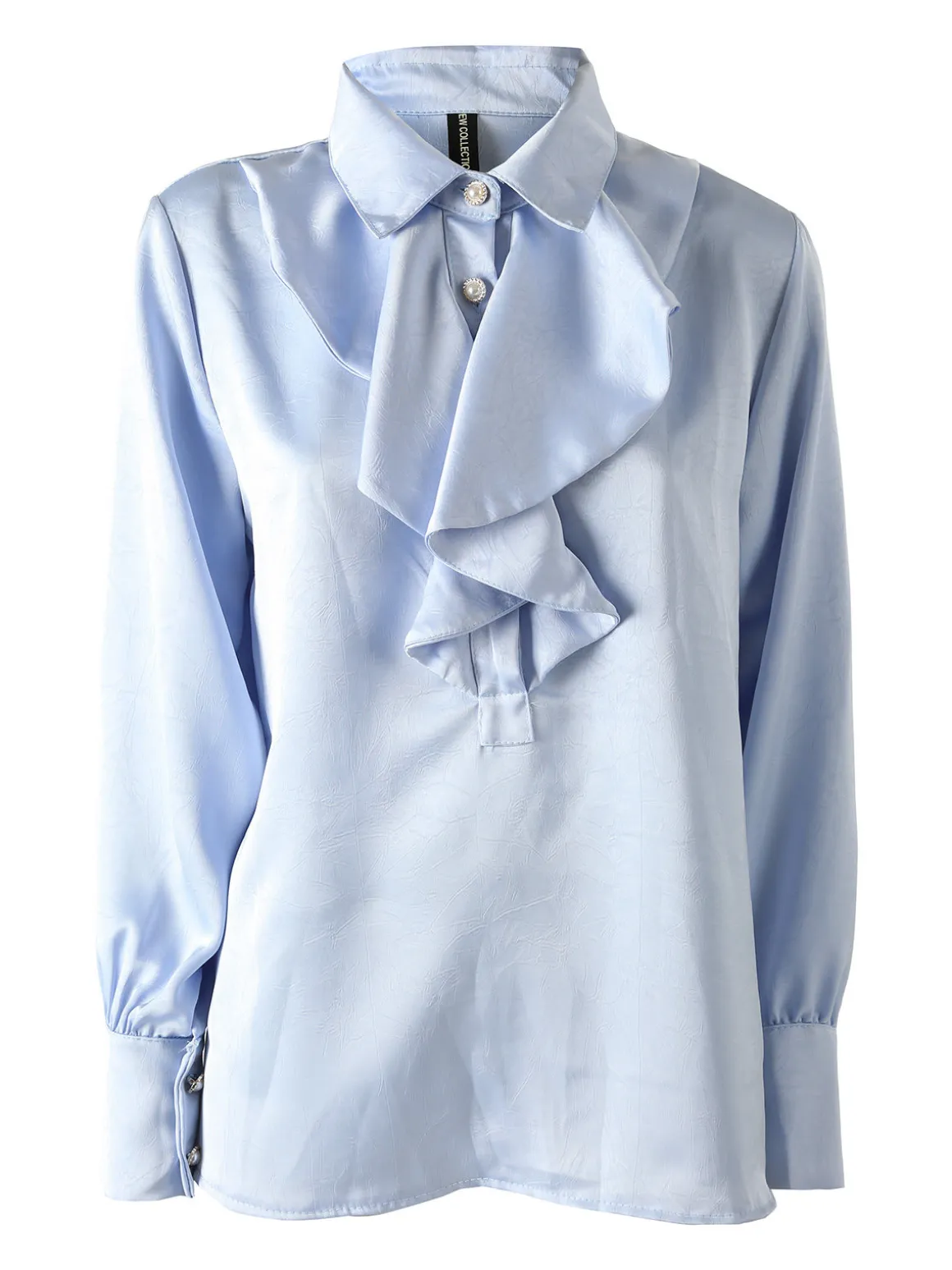 Solada Blusa donna con bottoni di perle e volant sullo scollo - azzurro