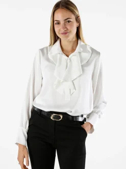 Solada Blusa donna con bottoni di perle e volant sullo scollo - bianco