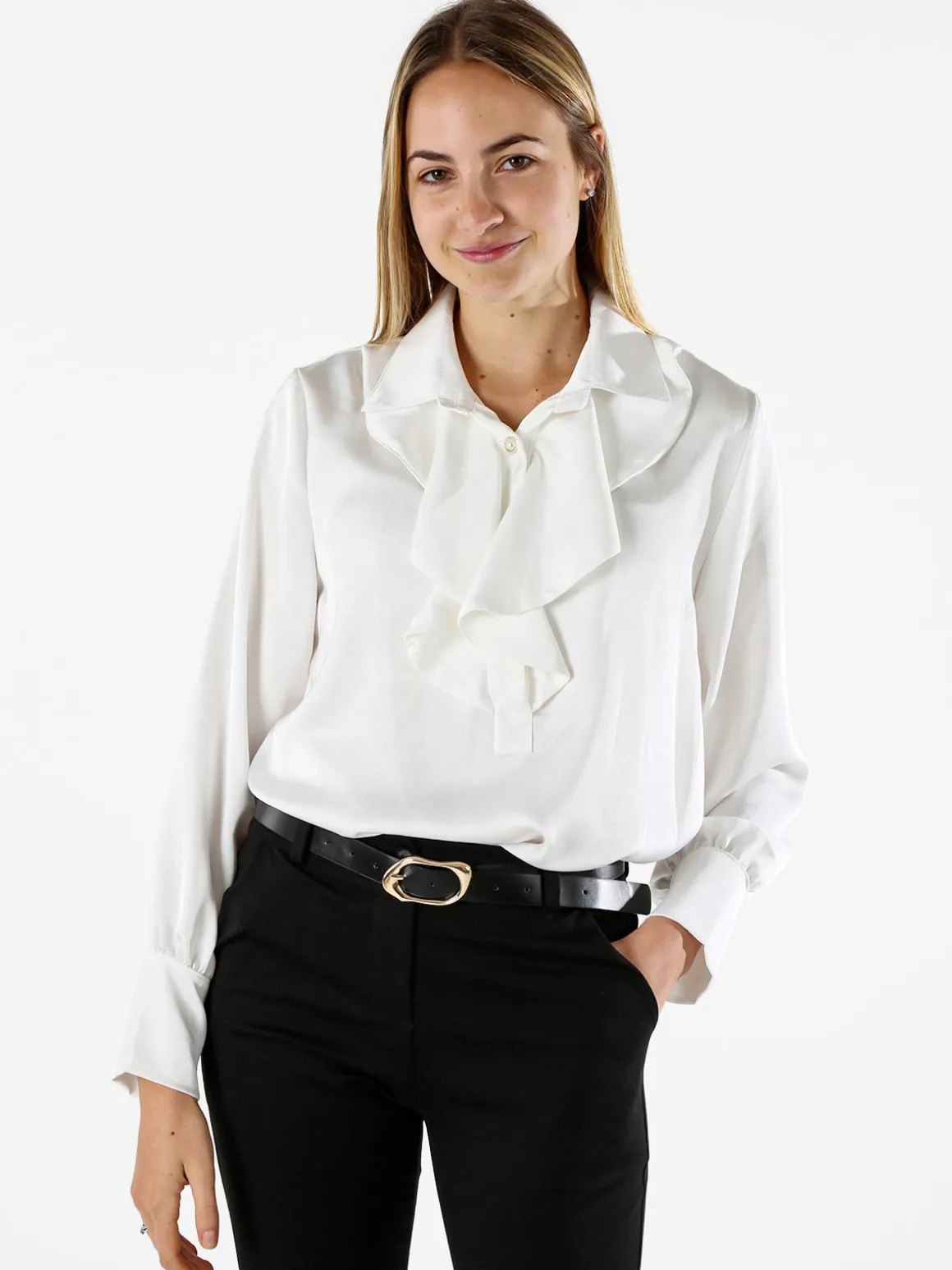 Solada Blusa donna con bottoni di perle e volant sullo scollo - bianco