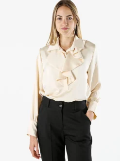 Solada Blusa donna con bottoni di perle e volant sullo scollo - beige
