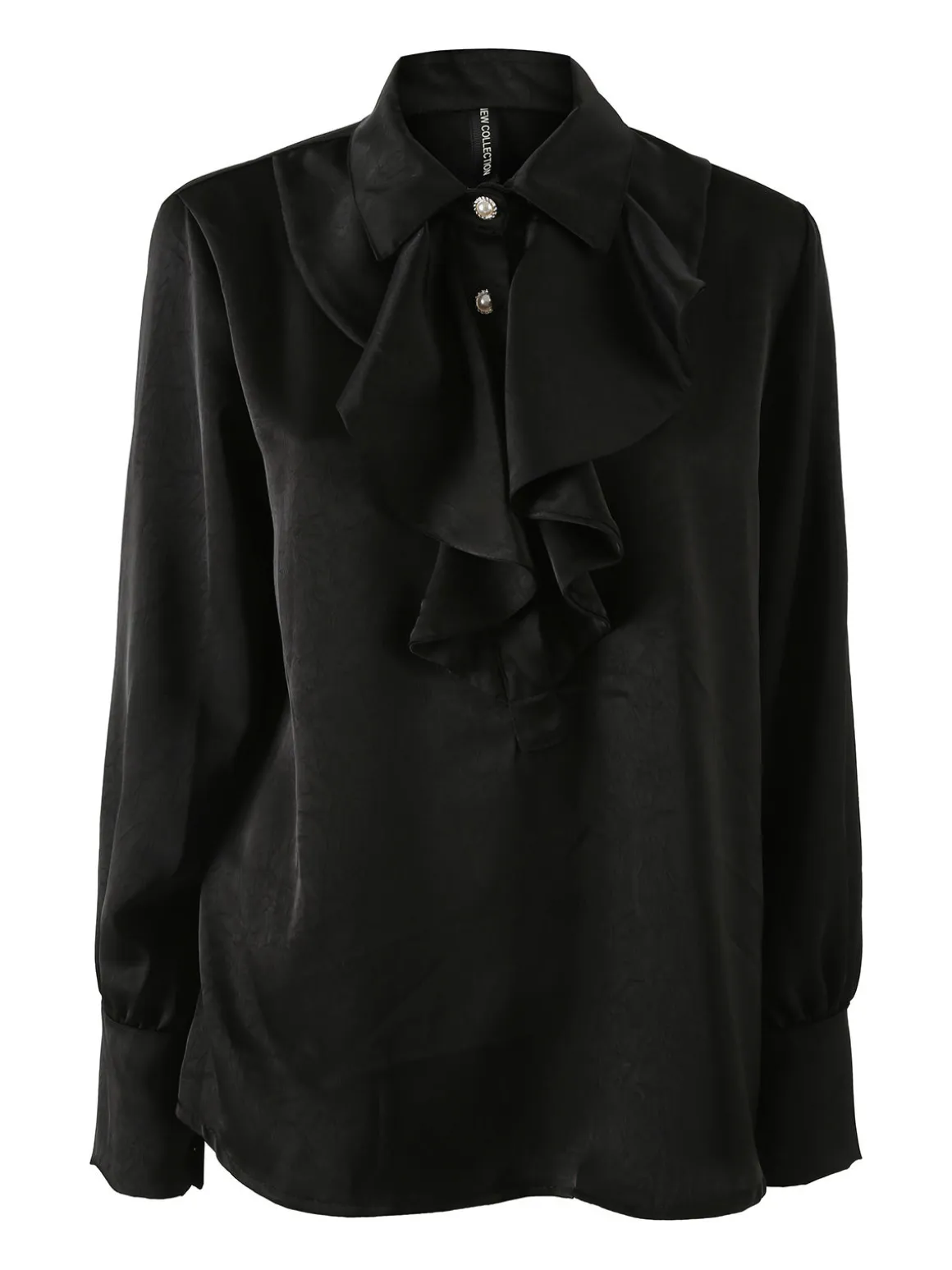 Solada Blusa donna con bottoni di perle e volant sullo scollo - nero