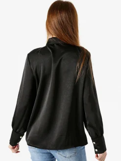 Solada Blusa donna con bottoni di perle e volant sullo scollo - nero