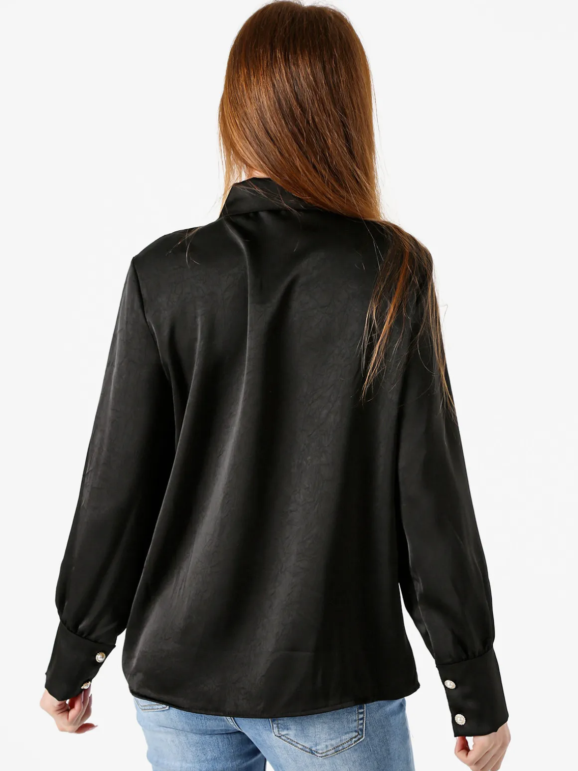 Solada Blusa donna con bottoni di perle e volant sullo scollo - nero