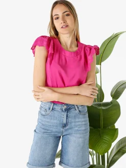 Solada Blusa donna con maniche corte in pizzo macramè - fucsia