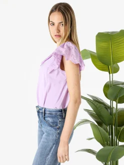 Solada Blusa donna con maniche corte in pizzo macramè - lilla