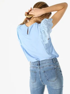 Solada Blusa donna con maniche corte in pizzo macramè - azzurro