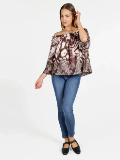 Solada Blusa donna con scollo a barca e maniche corte ampie - moro