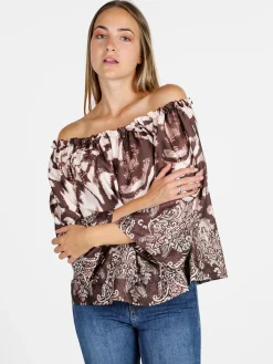 Solada Blusa donna con scollo a barca e maniche corte ampie - moro
