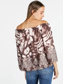 Solada Blusa donna con scollo a barca e maniche corte ampie - moro