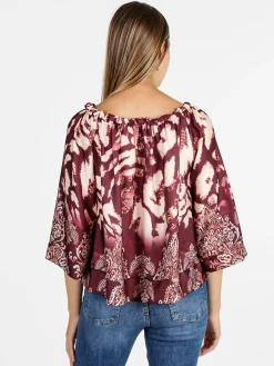 Solada Blusa donna con scollo a barca e maniche corte ampie - bordeaux