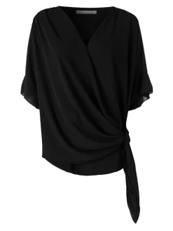 Solada Blusa donna elegante a maniche corte annodata sul fondo - nero