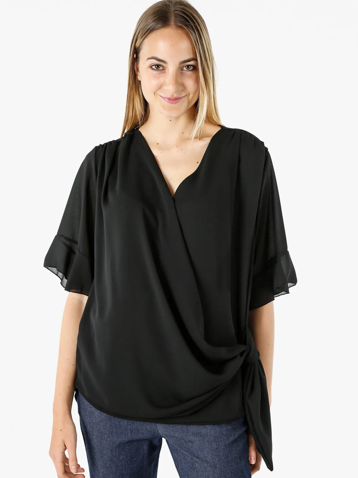 Solada Blusa donna elegante a maniche corte annodata sul fondo - nero
