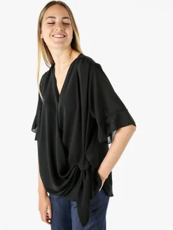 Solada Blusa donna elegante a maniche corte annodata sul fondo - nero