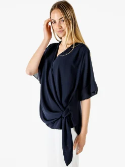 Solada Blusa donna elegante a maniche corte annodata sul fondo - blu scuro