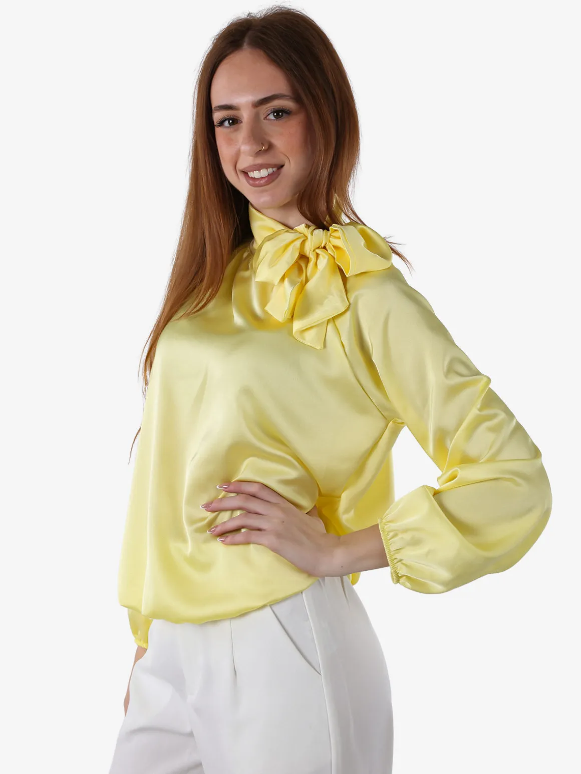 Solada Blusa donna in tessuto simil raso a maniche lunghe - giallo