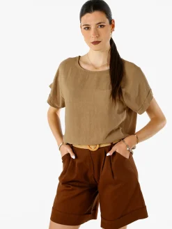 Solada Blusa donna in viscosa a maniche corte con bottoni decorati sul retro - khaki