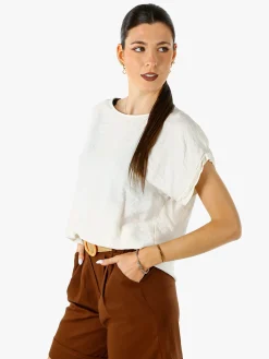 Solada Blusa donna in viscosa a maniche corte con bottoni decorati sul retro - beige