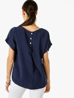 Solada Blusa donna in viscosa a maniche corte con bottoni decorati sul retro - blu scuro