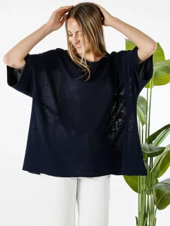 Solada Blusa donna in viscosa con maniche corte a pipistrello - blu scuro