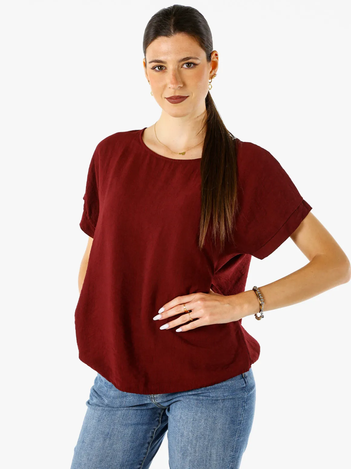 Solada Blusa donna in viscosa a maniche corte con bottoni decorati sul retro - bordeaux