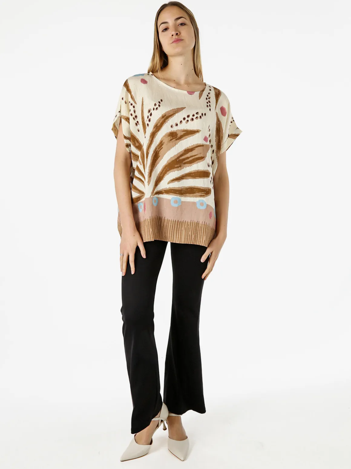 Solada Blusa donna maniche corte con stampe e micro borchie - khaki