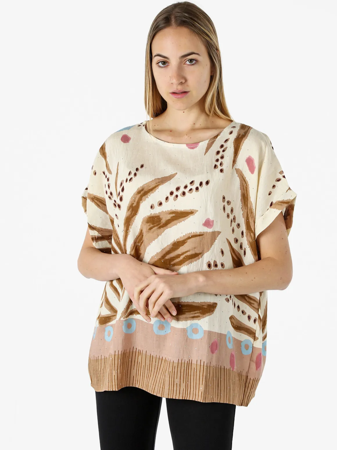Solada Blusa donna maniche corte con stampe e micro borchie - khaki