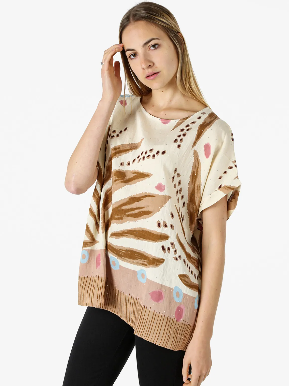 Solada Blusa donna maniche corte con stampe e micro borchie - khaki