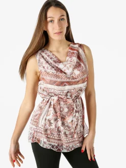 Solada Blusa donna smanicata con scollo a cascata e stampe - beige
